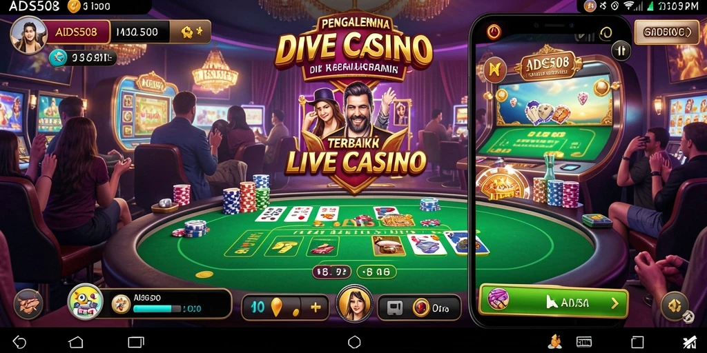 Screenshot gameplay ADS508 yang menampilkan dealer dan permainan Live Casino.