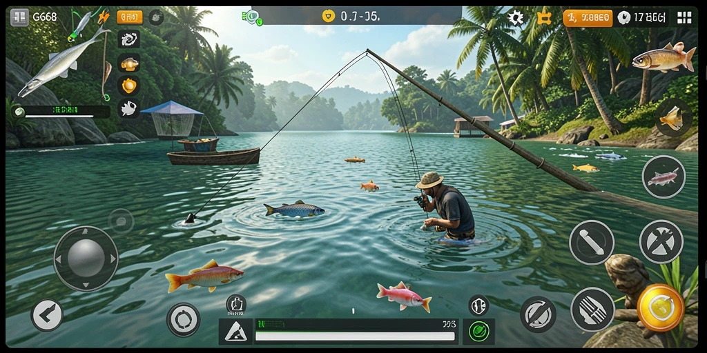 Screenshot G668 menampilkan aksi seru memancing di lokasi indah.